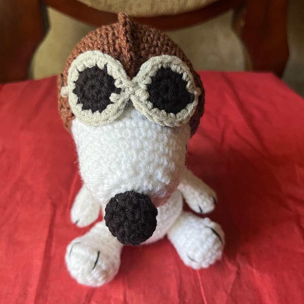 Handmade Crochet Snoopy inspired Aviator Dog Plush 6” new